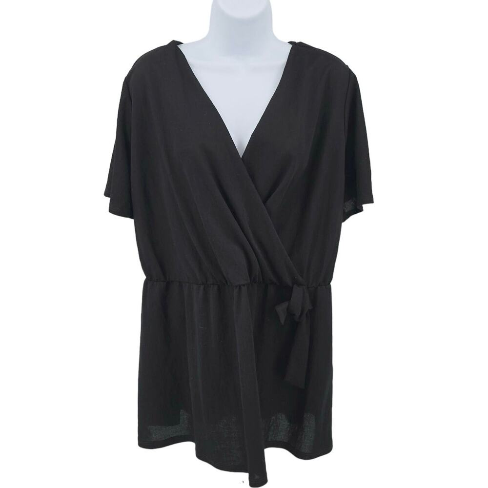 Lane Bryant Black Surplice Peplum Blouse Womens 14/16 Faux Wrap Flutter Sleeve